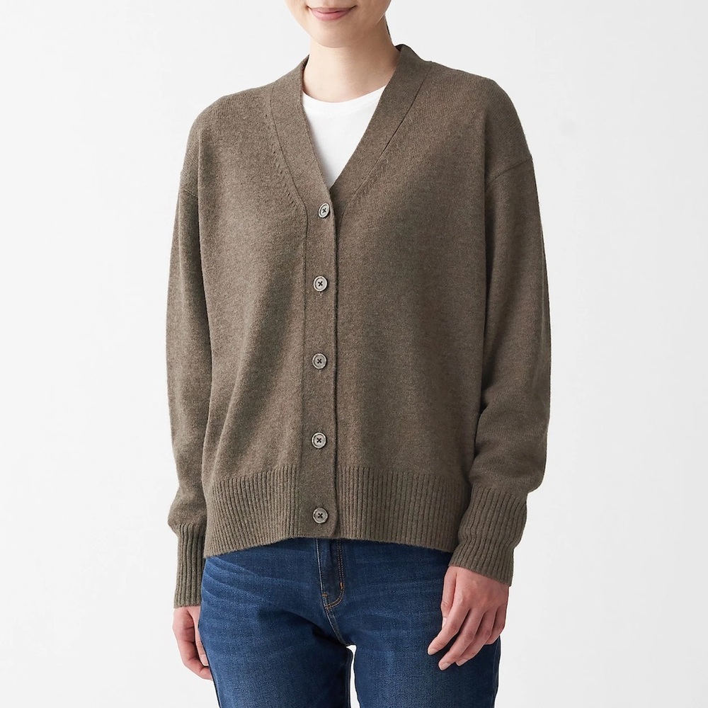 MUJI - Womens Yak Blend Wool V Neck Cardigan Brown